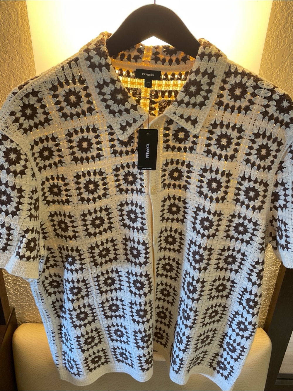 Express Crochet Short Sleeve Cardigan in White and Brown